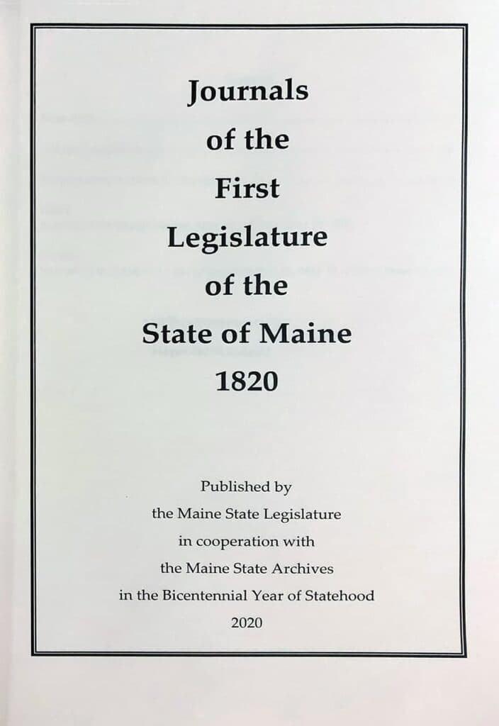 Book cover of Journals of the First Legislature of the State of Maine, 1820. See caption for more details.