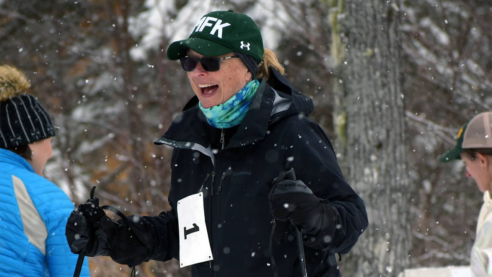 President Hedeen smiles as she participates in the ski-shoe-ski event