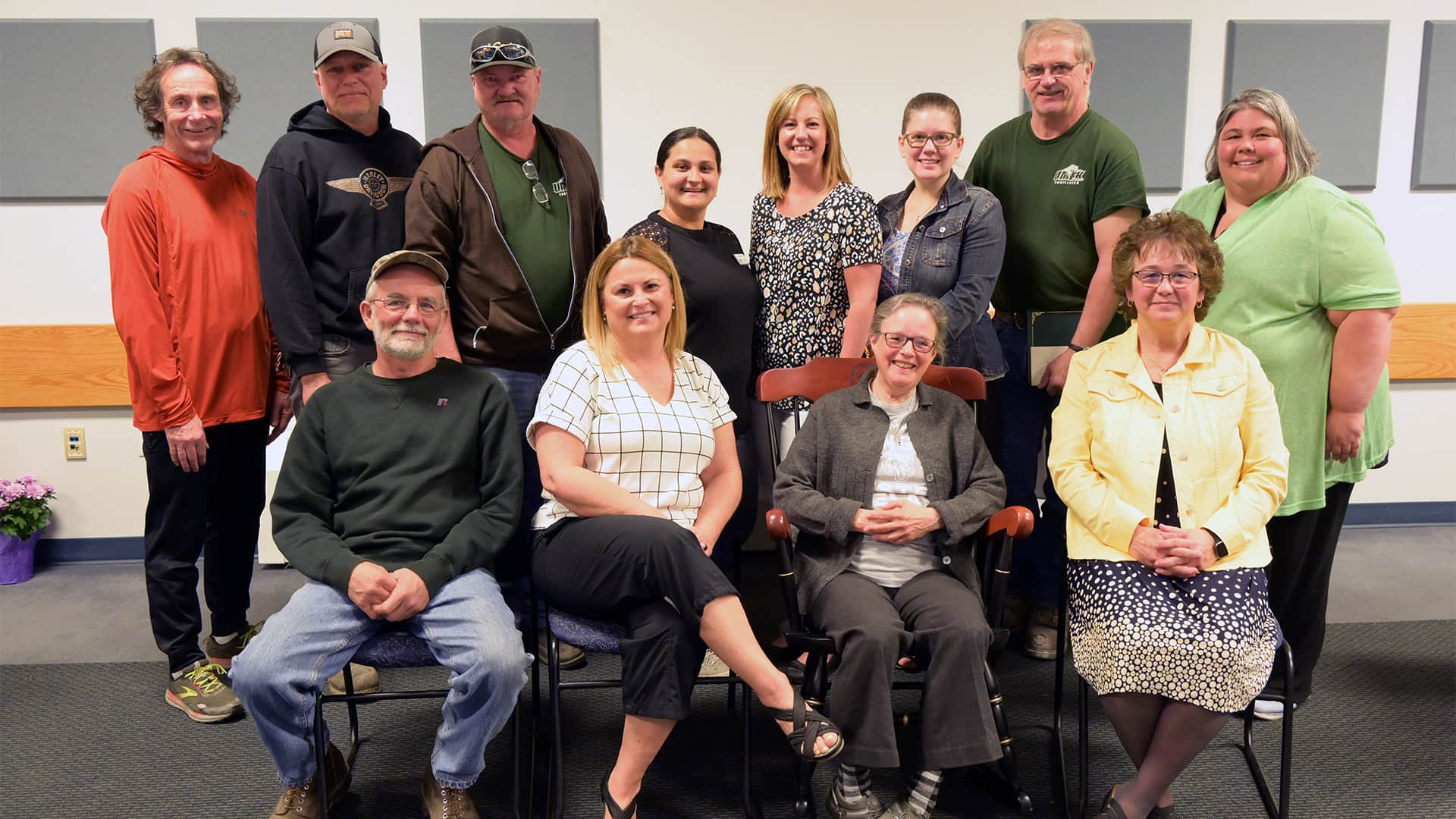 group photo of employees recognized at the 2023 employee recognition ceremony: Paul Guimond; Sandy Pelletier, Debra Durkin; and Brenda Pelletier; Mark Kelly; Robert Weyeneth; Russell Merriam; Vanessa Degler; Megan Desjardins; Lois Canzoni; Melvin Belanger; and Janna Gregory