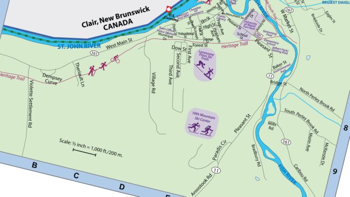 thumbnail for the town of Fort Kent street map, depicting the locations and names of various streets within the town