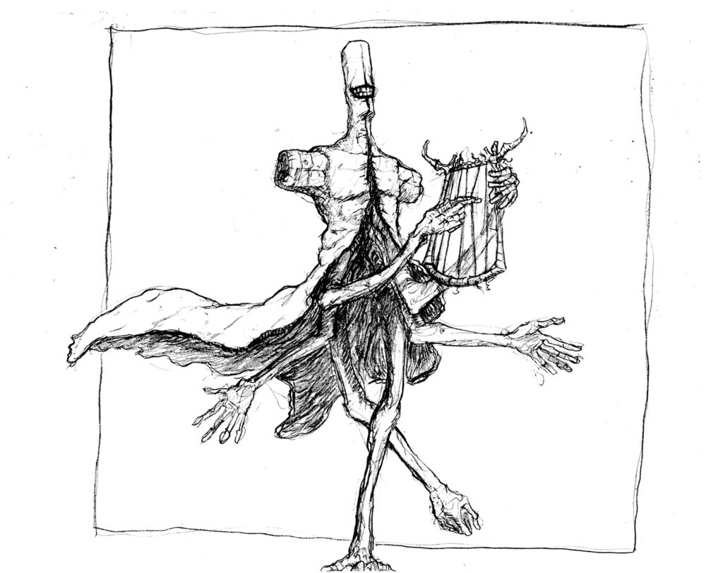 a sketch of a multi-armed creature playing a harp