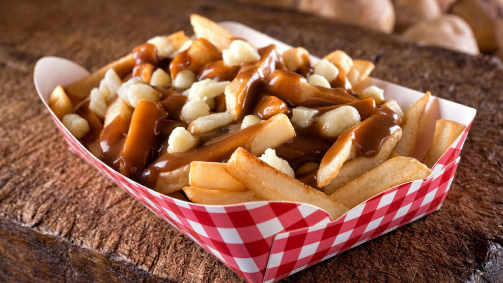 a container of poutine, consisting of french fries, cheese curds, and gravy